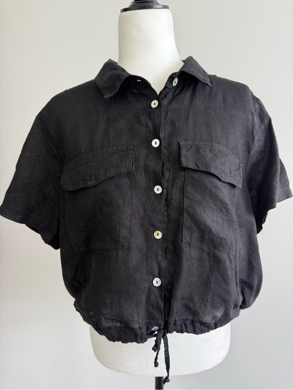 100% Linen Relaxed Black Short-Sleeve Drawstring Hem Blouse